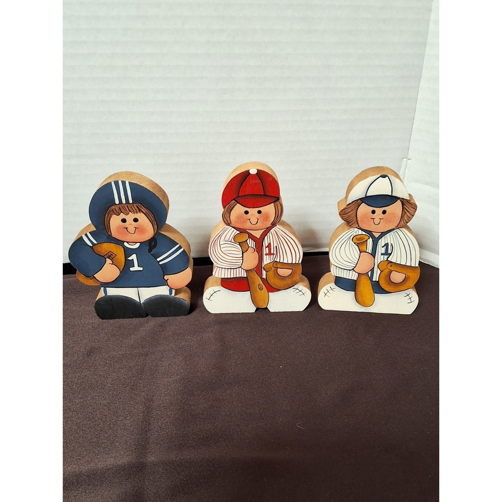 Vintage Wooden Figurines 2 Baseball 1 Football Hand‎ Painted Good Condition 5"